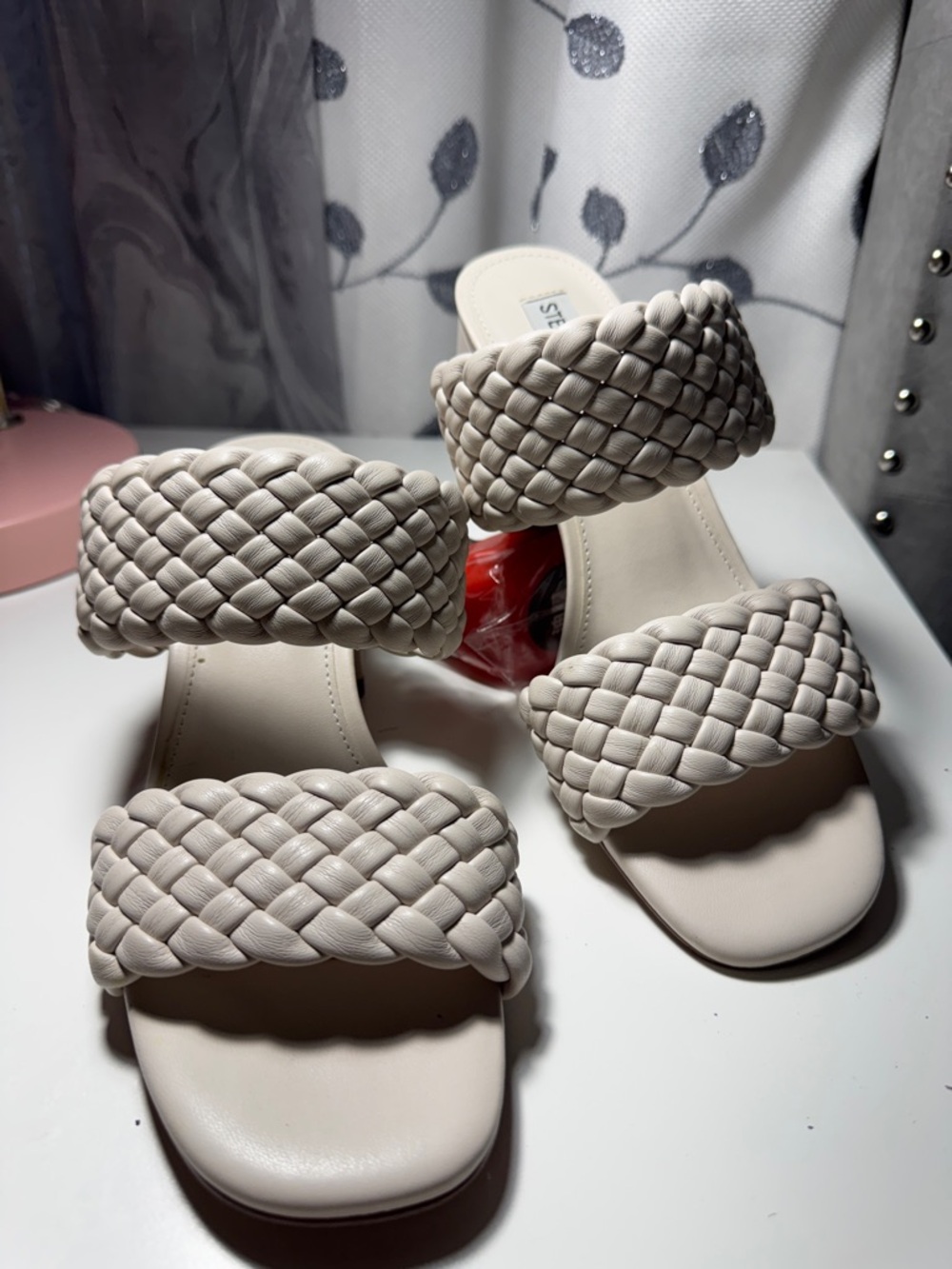 Steve Madden Cream Woven Double-Strap Slide Heels